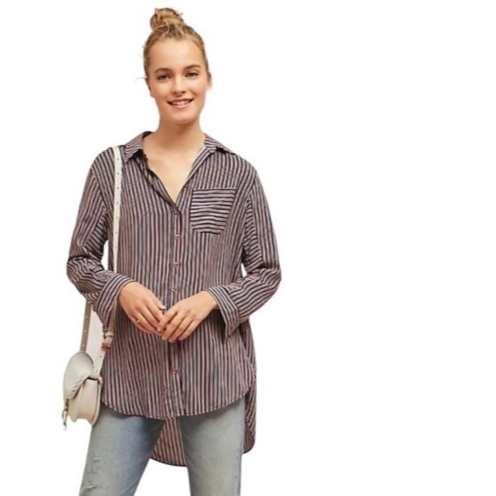 Maeve Anthropologie Adelaide Navy Blue Red Striped 
 Button Down Shirt M